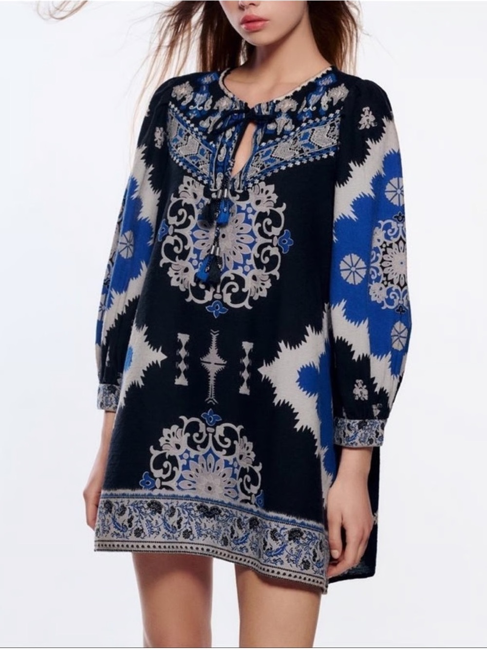 Zara Boho Indigo & Ivory Printed Peasant Tunic Dress